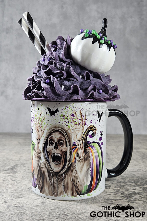Striped Pumpkins and Skeletons Gothic Halloween Mug