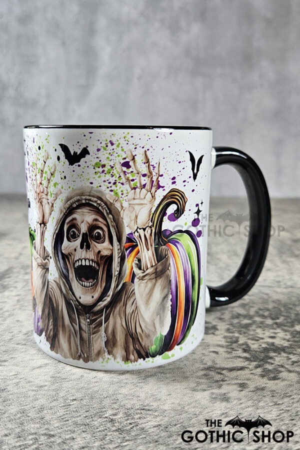 Striped Pumpkins and Skeletons Gothic Halloween Mug