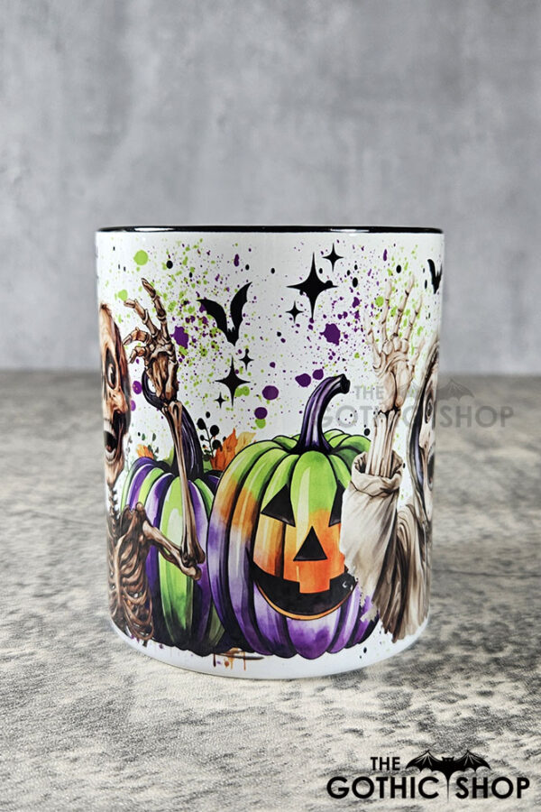 Striped Pumpkins and Skeletons Gothic Halloween Mug