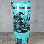 Halloween Owls with Pumpkins & Skulls 30oz Gothic Turquoise Travel Tumbler