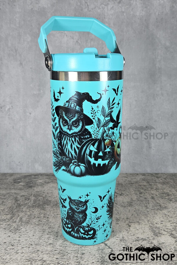 Halloween Owls with Pumpkins & Skulls 30oz Gothic Turquoise Travel Tumbler