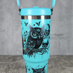 Halloween Owls with Pumpkins & Skulls 30oz Gothic Turquoise Travel Tumbler