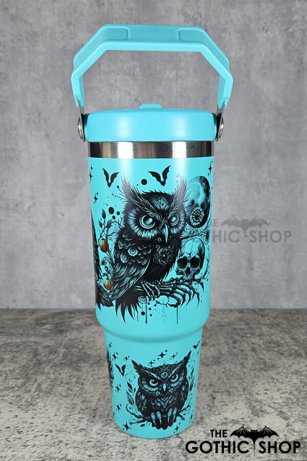 Halloween Owls with Pumpkins & Skulls 30oz Gothic Turquoise Travel Tumbler
