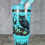 Halloween Owls with Pumpkins & Skulls 30oz Gothic Turquoise Travel Tumbler