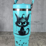Drippy Spooky Black Cat 30oz Gothic Turquoise Travel Tumbler