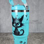 Drippy Spooky Black Cat 30oz Gothic Turquoise Travel Tumbler