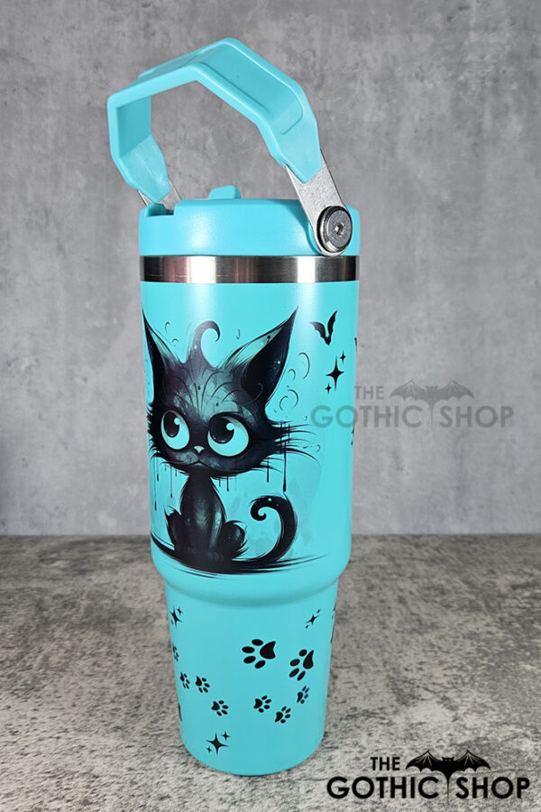 Drippy Spooky Black Cat 30oz Gothic Turquoise Travel Tumbler