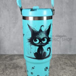 Drippy Spooky Black Cat 30oz Gothic Turquoise Travel Tumbler