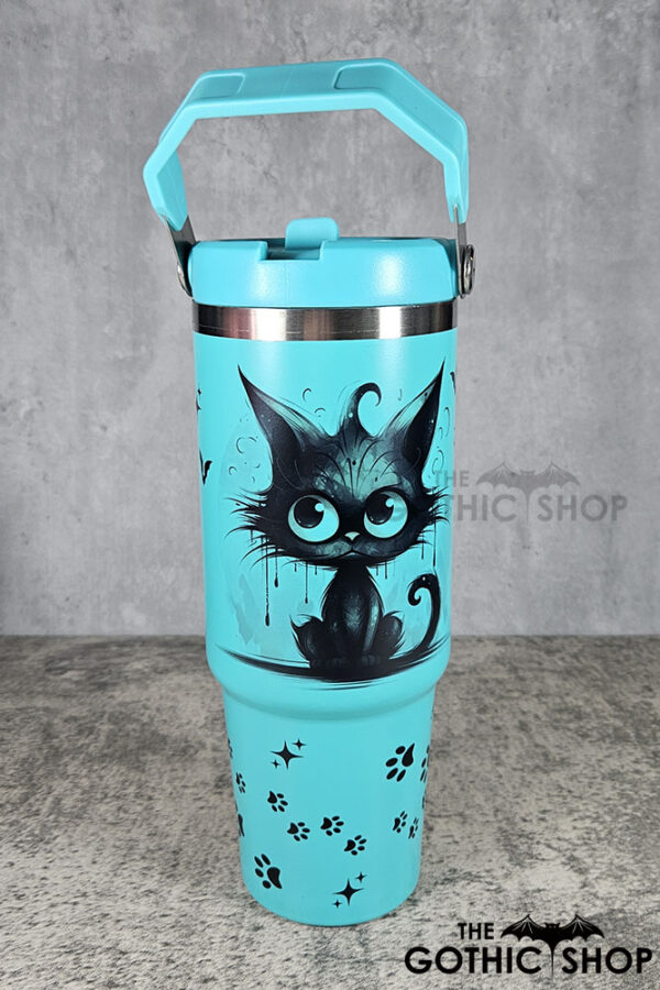 Drippy Spooky Black Cat 30oz Gothic Turquoise Travel Tumbler