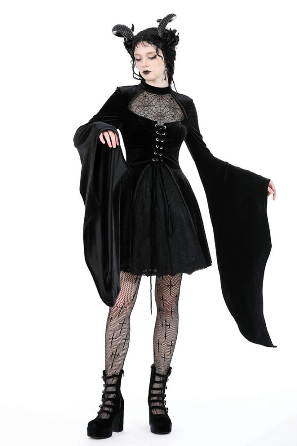Dark in Love Arachne Black Velvet Gothic Dress with Spiderweb Lace