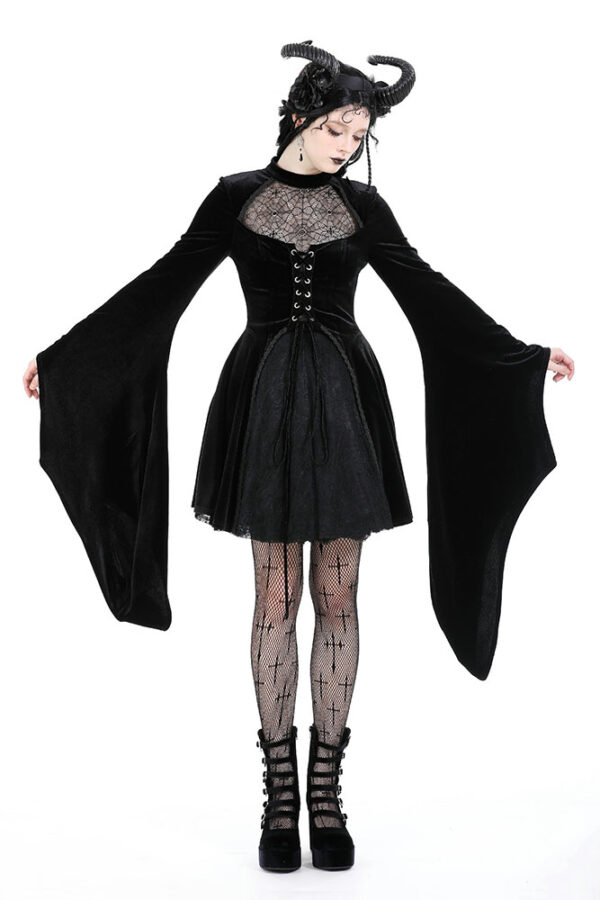Dark in Love Arachne Black Velvet Gothic Dress with Spiderweb Lace