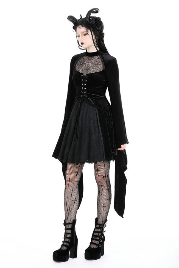 Dark in Love Arachne Black Velvet Gothic Dress with Spiderweb Lace