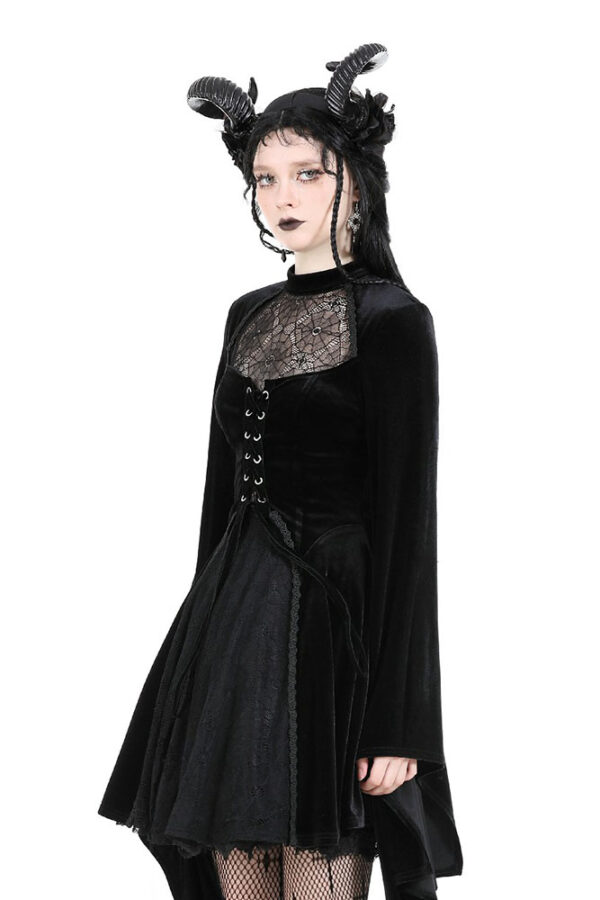Dark in Love Arachne Black Velvet Gothic Dress with Spiderweb Lace