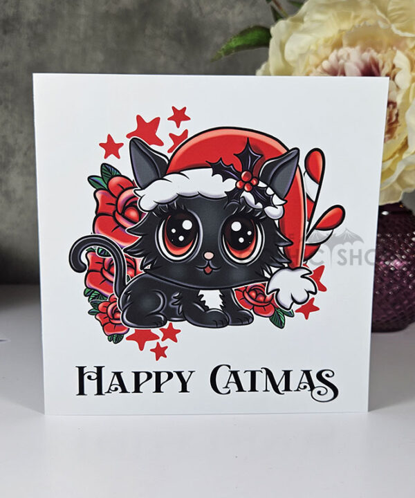 Happy Catmas Red Christmas Cat Gothic Greetings Card