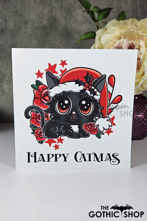 Happy Catmas Red Christmas Cat Gothic Greetings Card