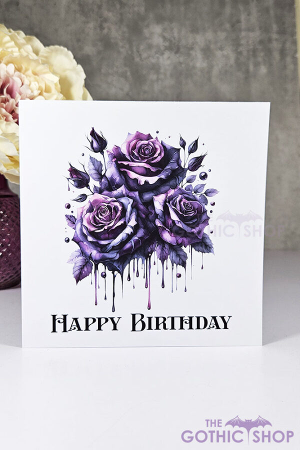 bleeding purple roses trio birthday gothic greetings card
