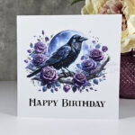 Raven Purple Roses and Moon Birthday Gothic Greetings Card