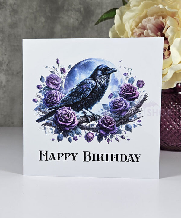 Raven Purple Roses and Moon Birthday Gothic Greetings Card