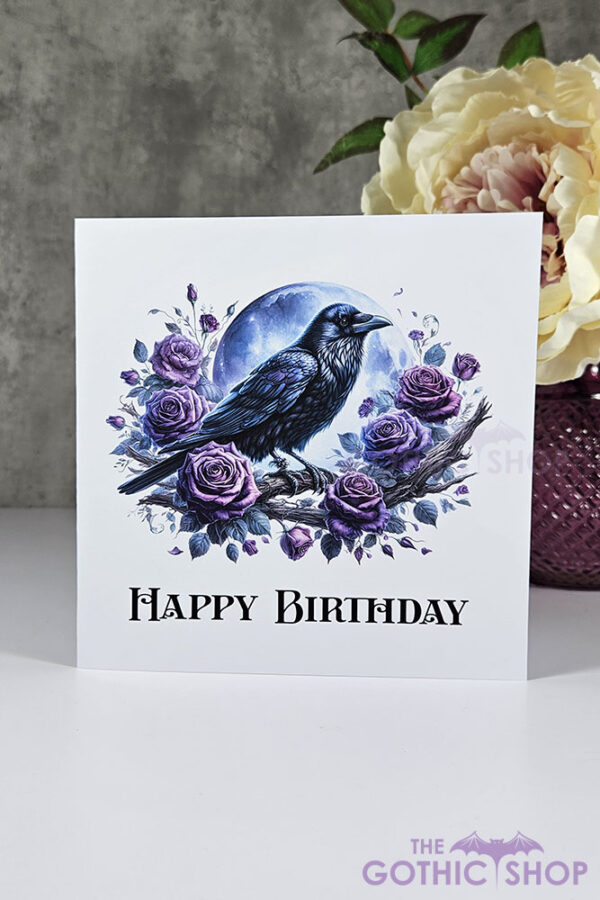 Raven Purple Roses and Moon Birthday Gothic Greetings Card