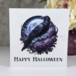 Raven Purple Roses and Moon Halloween Gothic Greetings Card