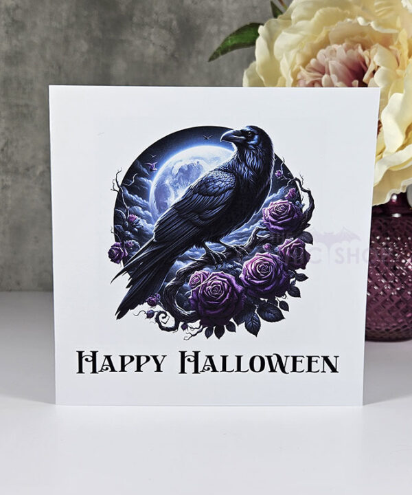 Raven Purple Roses and Moon Halloween Gothic Greetings Card