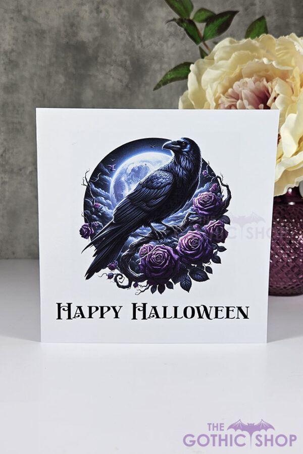 Raven Purple Roses and Moon Halloween Gothic Greetings Card