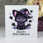 Kawaii Witchy Black Cat with Ghosts Halloween Gothic Greetings Card