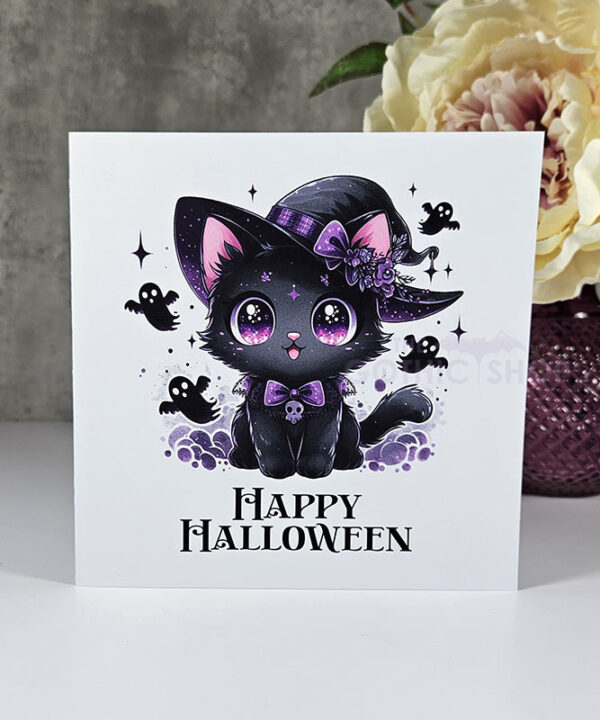 Kawaii Witchy Black Cat with Ghosts Halloween Gothic Greetings Card
