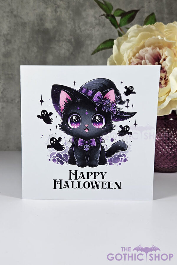 Kawaii Witchy Black Cat with Ghosts Halloween Gothic Greetings Card