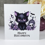 Kawaii Black Cat in Graveyard Halloween Gothic Greetings Card