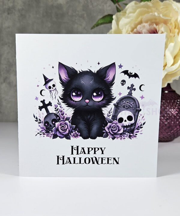 Kawaii Black Cat in Graveyard Halloween Gothic Greetings Card