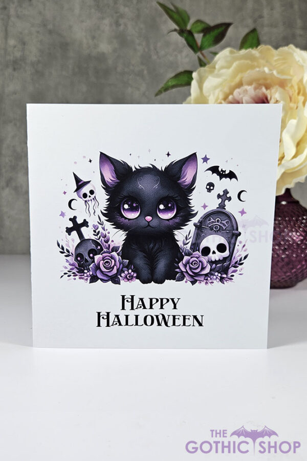 Kawaii Black Cat in Graveyard Halloween Gothic Greetings Card