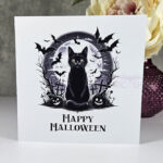 Black Cat in Graveyard Halloween Gothic Greetings Card
