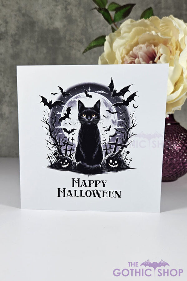 Black Cat in Graveyard Halloween Gothic Greetings Card