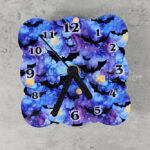 Bats on Blue and Purple Small 9cm Square Metal Gothic Wall Clock