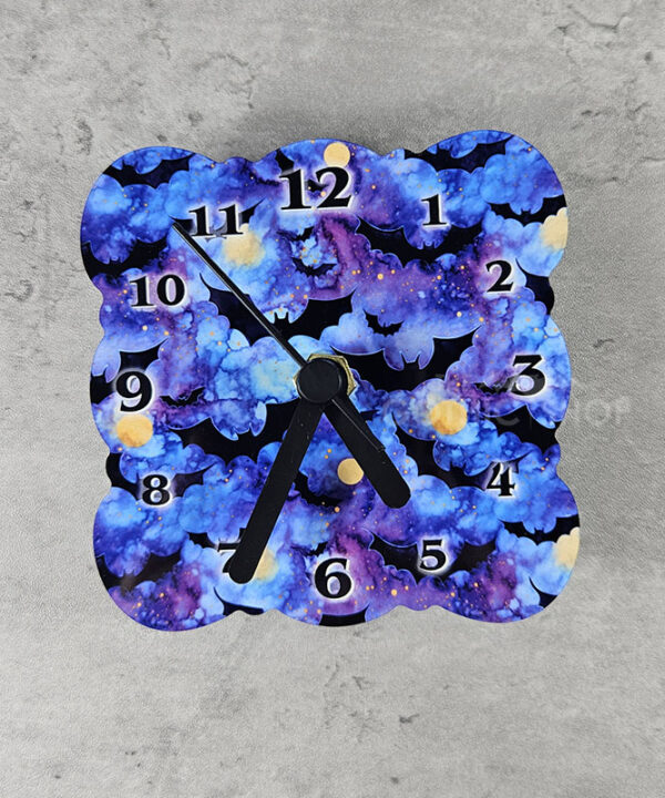 Bats on Blue and Purple Small 9cm Square Metal Gothic Wall Clock