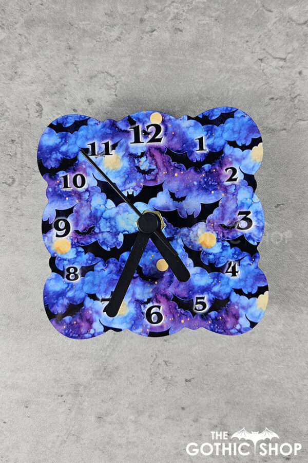 Bats on Blue and Purple Small 9cm Square Metal Gothic Wall Clock