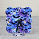 Bats on Blue and Purple Small 9cm Square Metal Gothic Wall Clock with stand
