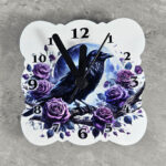 Raven & Purple Roses Small 9cm Square Metal Gothic Wall Clock