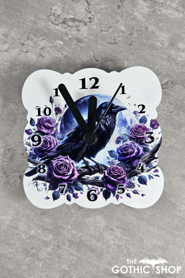 Raven & Purple Roses Small 9cm Square Metal Gothic Wall Clock