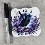 Raven & Purple Roses Small 9cm Square Metal Gothic Wall Clock