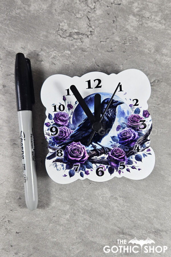 Raven & Purple Roses Small 9cm Square Metal Gothic Wall Clock