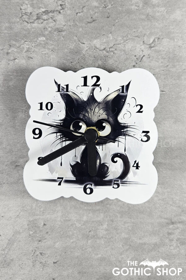 Drippy Spooky Black Cat Small 9cm Square Metal Gothic Wall Clock