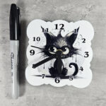 Drippy Spooky Black Cat Small 9cm Square Metal Gothic Wall Clock