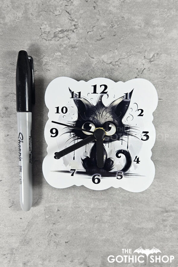 Drippy Spooky Black Cat Small 9cm Square Metal Gothic Wall Clock