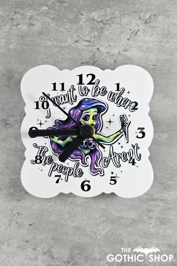 Zombie Mermaid Introvert Small 9cm Square Metal Gothic Wall Clock
