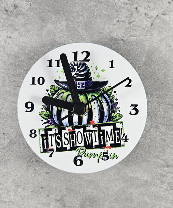 It's Showtime Stripey Pumpkin Small 9cm Round Metal Gothic Wall Clock