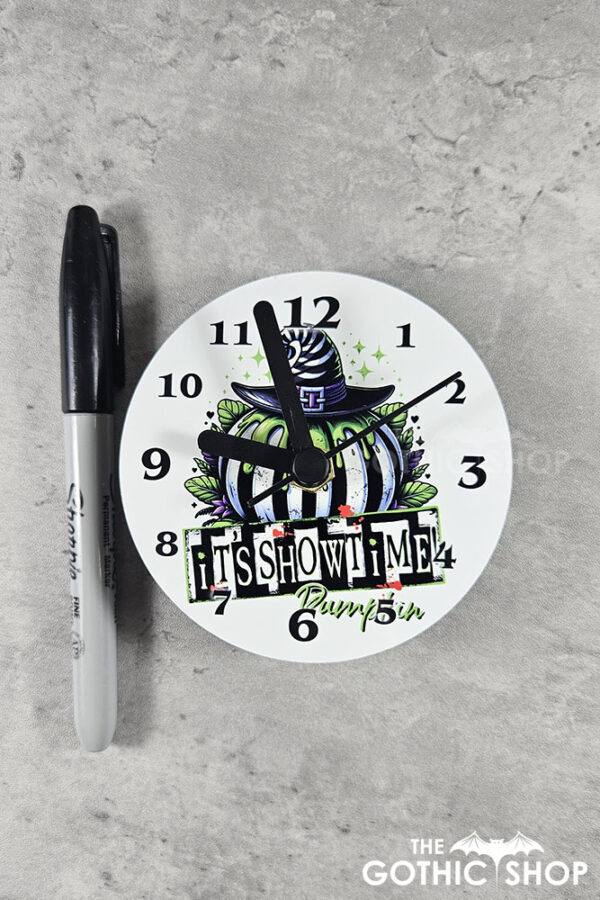It's Showtime Stripey Pumpkin Small 9cm Round Metal Gothic Wall Clock
