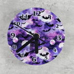 Bats on Purple Small 9cm Round Metal Gothic Wall Clock
