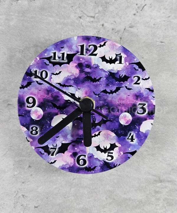 Bats on Purple Small 9cm Round Metal Gothic Wall Clock